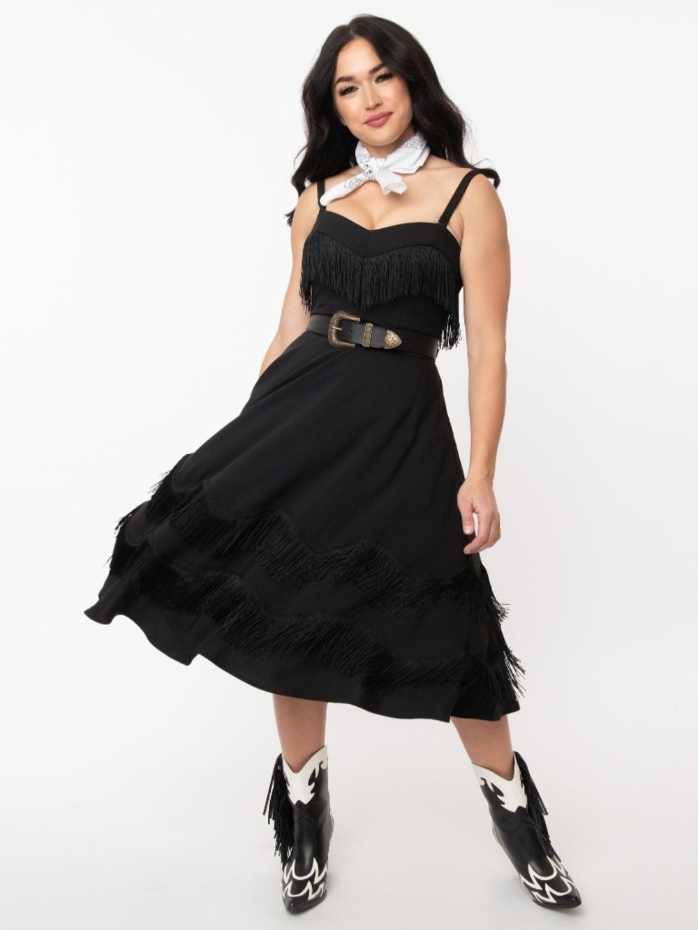 NWOT Unique Vintage Black Fringe Girlie Swing Dress